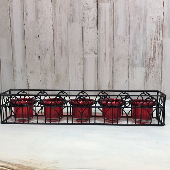 Set of 2 Halloween Themed Metal and Glass Votive Holders in Black Metal and Red - Picture 3 of 7